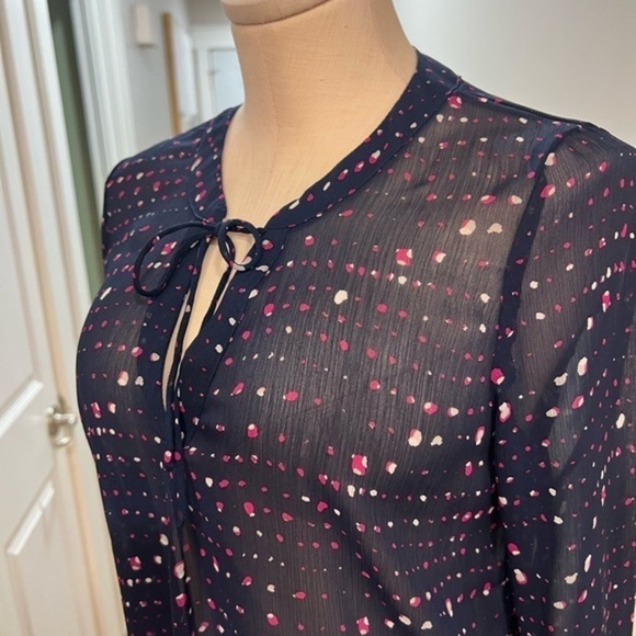 Banana Republic  New Sheer Long Sleeve Navy Blouse with Front Tie - Picture 7 of 11